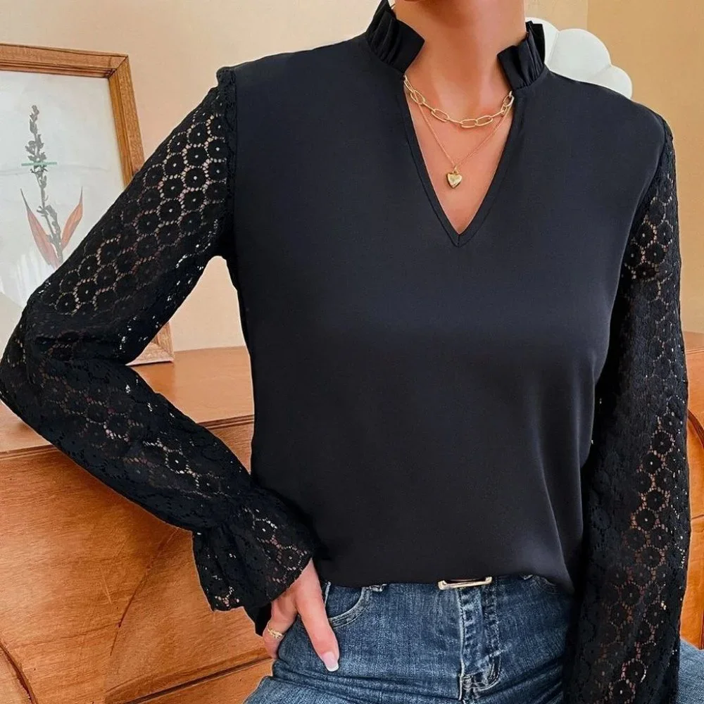 Black Elegant Womens Contrast Lace Flounce Sleeve Frilled Neck Blouse - Picture 1 of 4